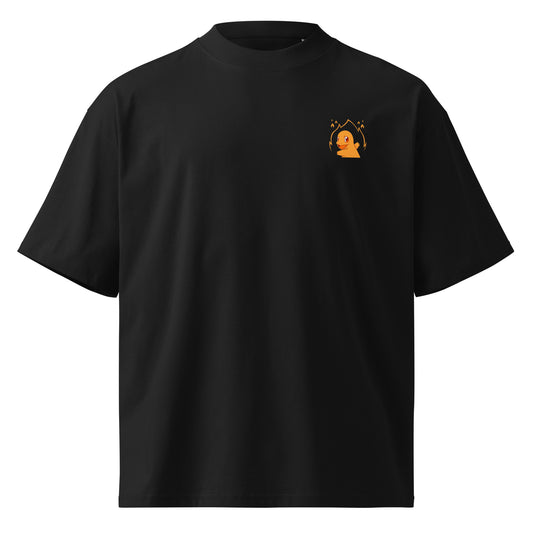 T-shirt col montant oversize Noir face - petit personnage de feu imprimé sur la poitrine
