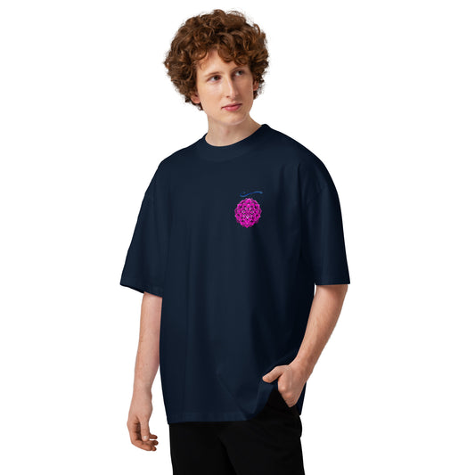 T-shirt oversize col montant anime Bleu Marine face - petite fleur imprimée à la poitrine
