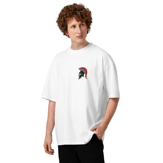 T-shirt col montant Secret Society blanc face - petit casque spartiate à la poitrine