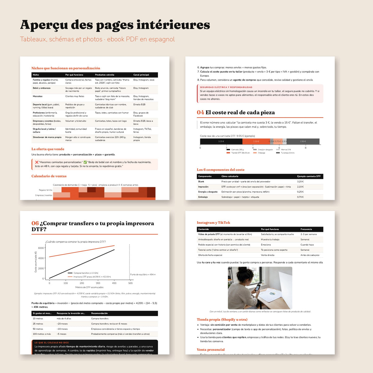 Aperçu des pages intérieures du livre 3 : tableaux de prix, fournisseurs et plan de ventes