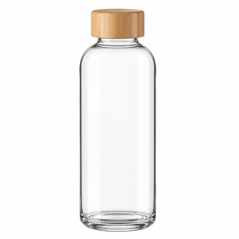 Bouteille en verre transparent avec bouchon en bambou, personnalisable