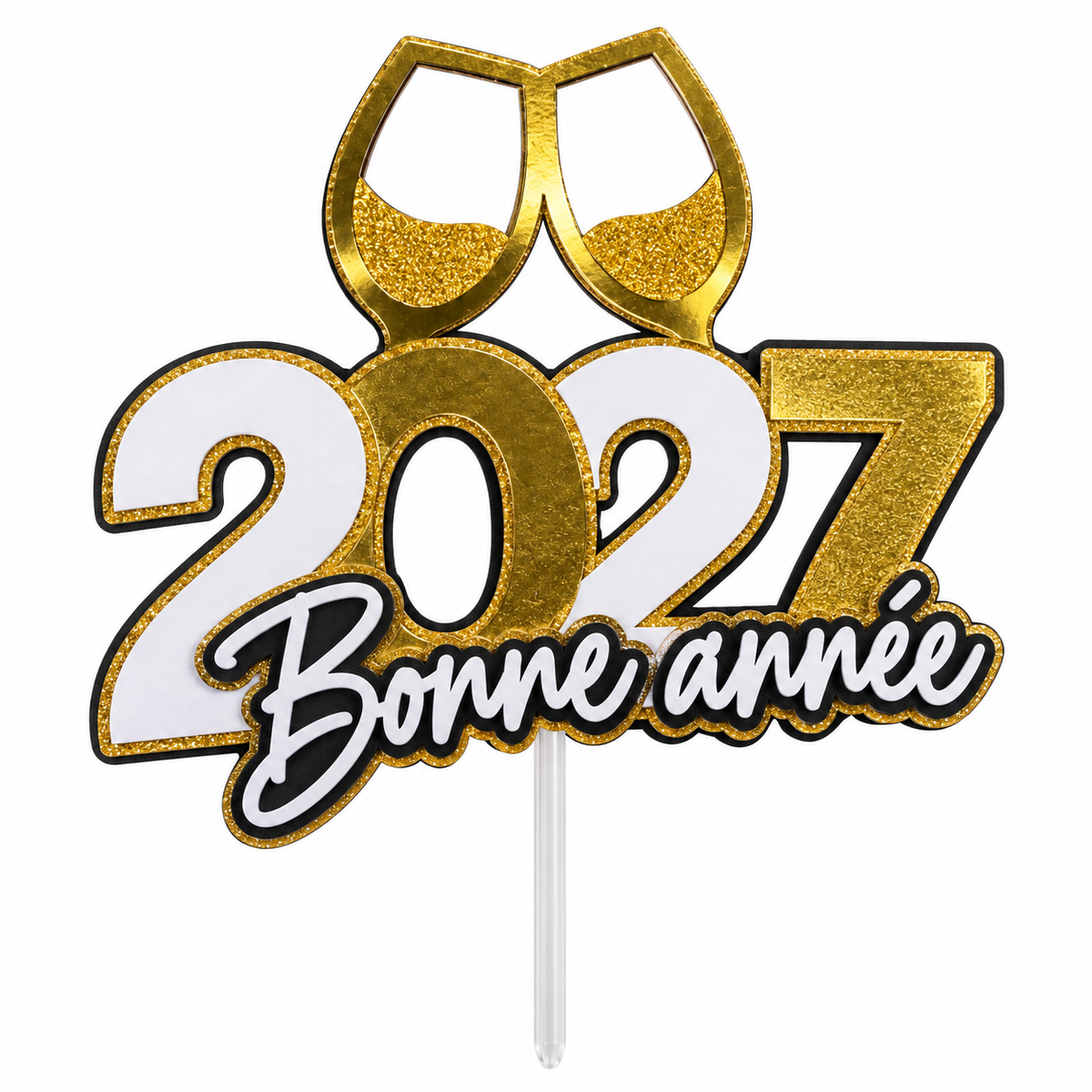 Pic à gâteau 2027 Bonne année en blanc brillant avec coupes dorées