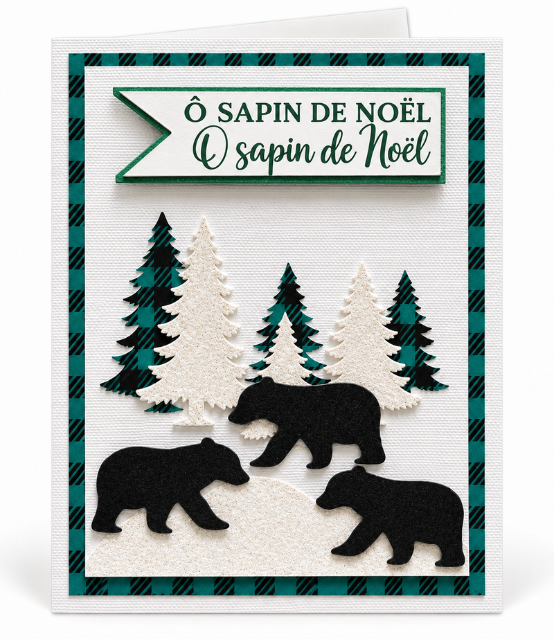 Carte de Noël en relief avec ours, sapins et cadre à carreaux vert et noir, sans prénom