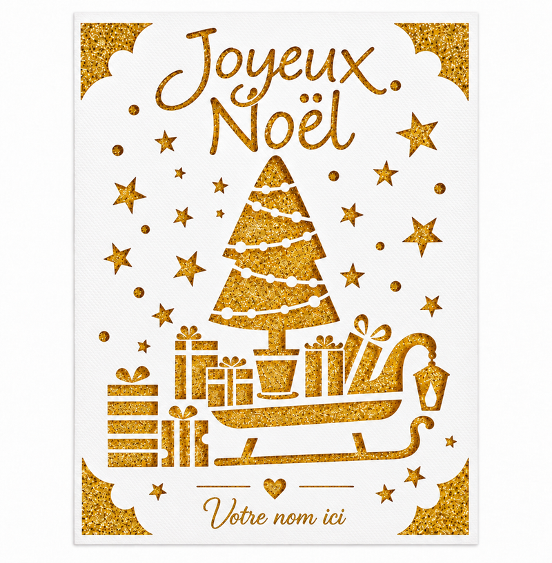 Carte de Noël dorée scintillante avec sapin, traîneau, cadeaux et prénom personnalisé en bas