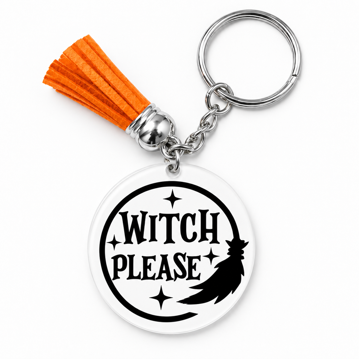 Porte-clés Halloween Witch Please lune et balai de sorcière avec pompon orange