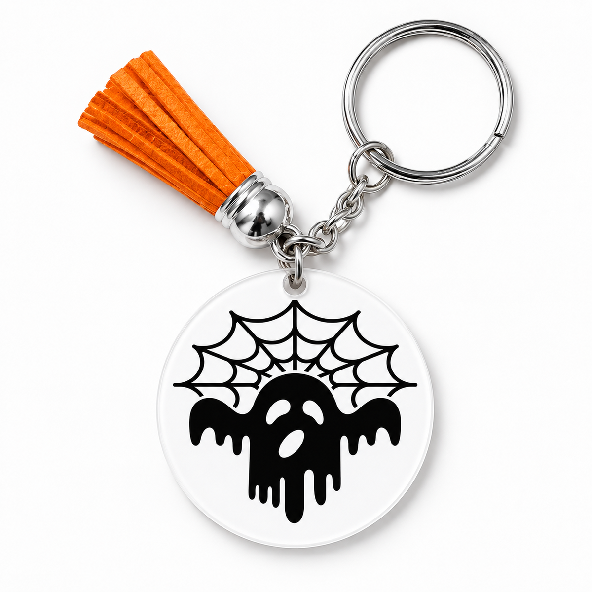 Porte-clés Halloween fantôme noir et toile d'araignée avec pompon orange