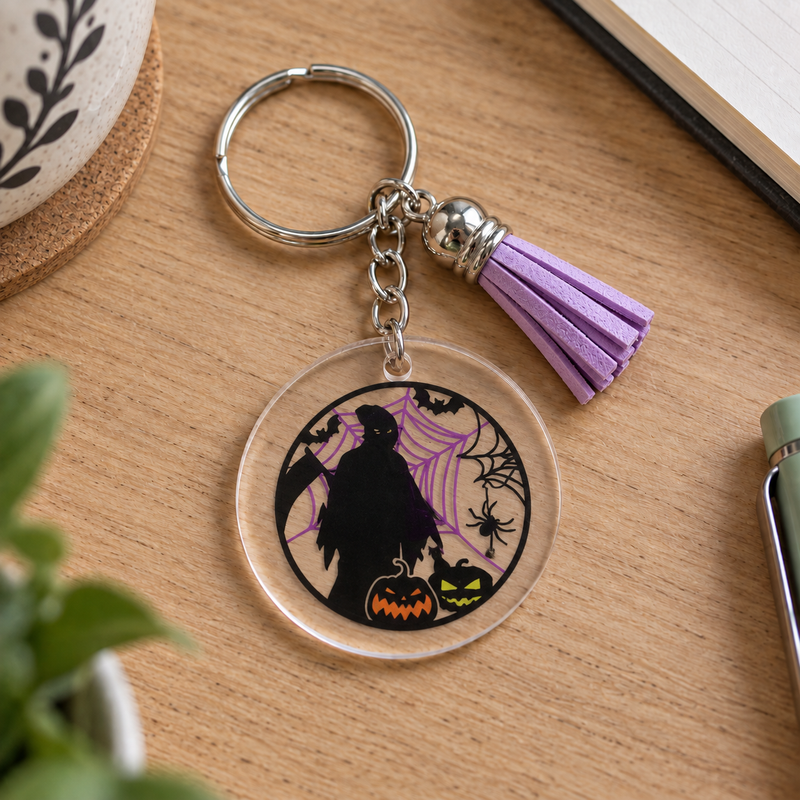 Porte-clés Halloween acrylique motif silhouette hantée avec citrouilles et toile d'araignée, pompon violet – EDISAMP