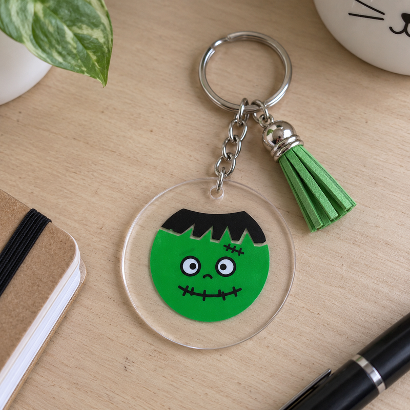 Porte-clés Halloween acrylique transparent monstre Frankenstein vert avec pompon vert – EDISAMP