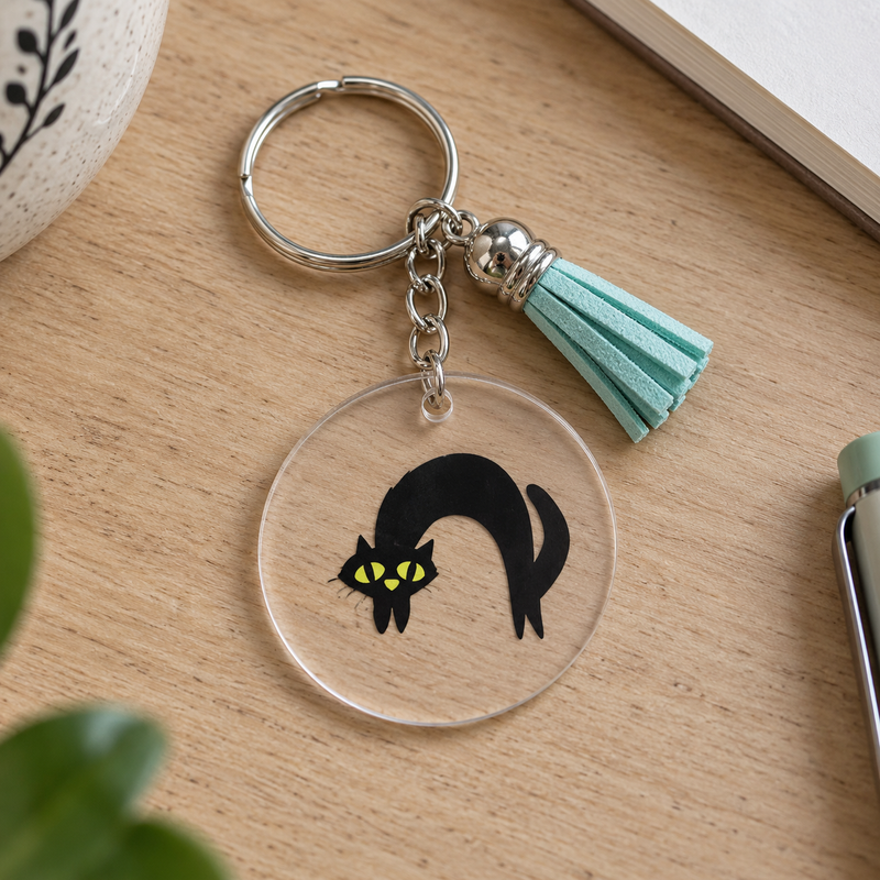 Porte-clés Halloween acrylique transparent chat noir aux yeux verts avec pompon turquoise – EDISAMP