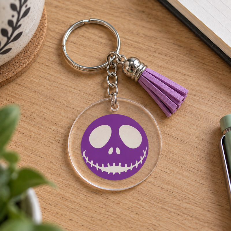 Porte-clés Halloween acrylique transparent tête de squelette violette au sourire cousu avec pompon violet – EDISAMP
