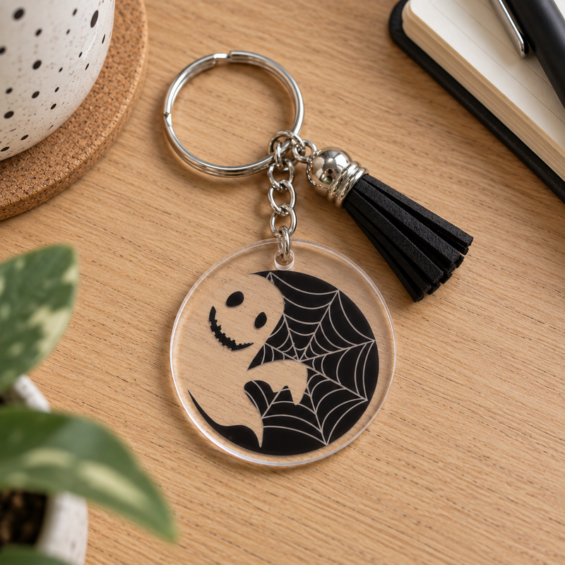 Porte-clés Halloween acrylique transparent fantôme sur toile d'araignée noire avec pompon noir – EDISAMP