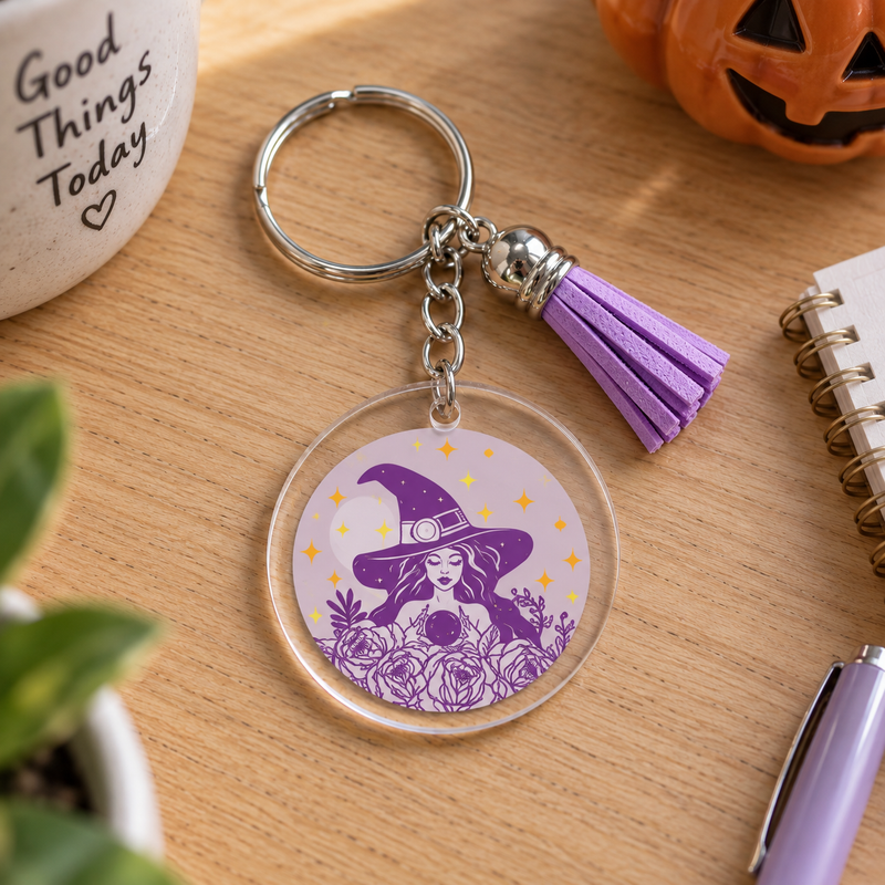 Porte-clés Halloween violet sorcière au grand chapeau et fleurs, pompon lilas – EDISAMP