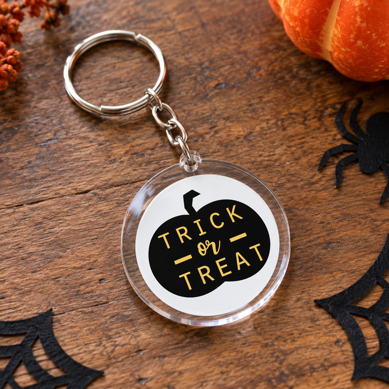 Porte-clés Halloween rond en acrylique citrouille noire Trick or Treat lettres dorées – EDISAMP