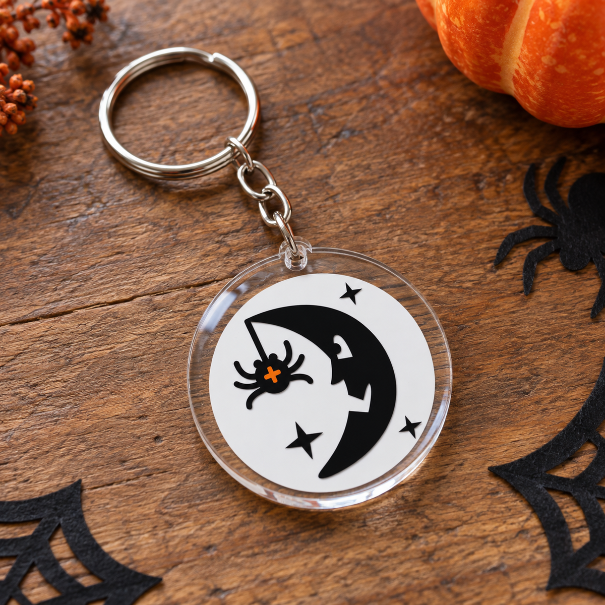 Porte-clés Halloween rond en acrylique croissant de lune et araignée