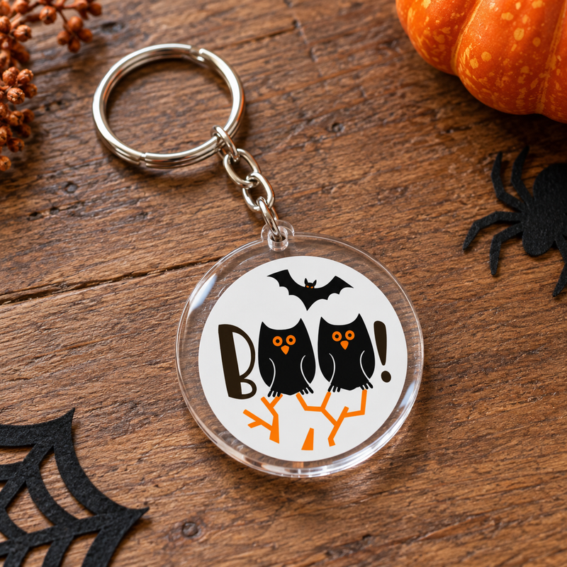 Porte-clés Halloween rond en acrylique hiboux noirs Boo avec chauve-souris – EDISAMP