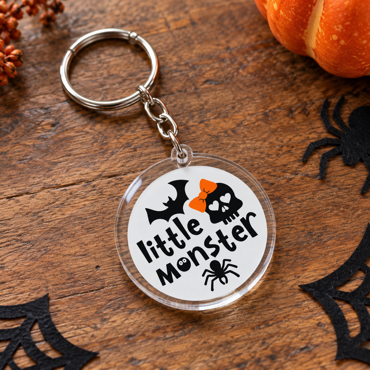 Porte-clés Halloween rond en acrylique Little Monster avec chauves-souris et araignée