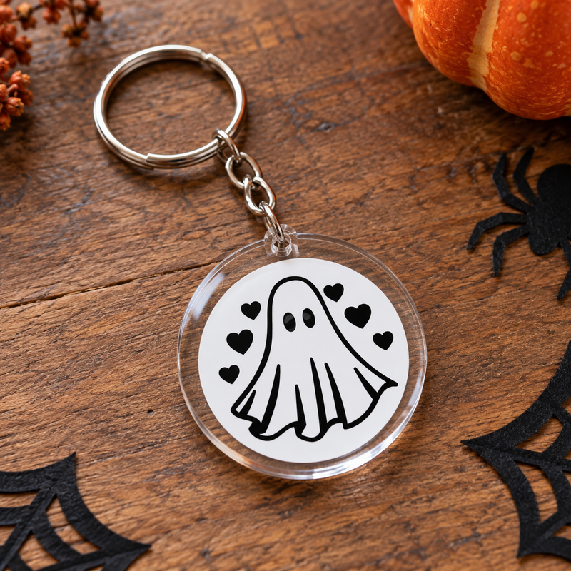 Porte-clés Halloween rond en acrylique petit fantôme aux cœurs – EDISAMP
