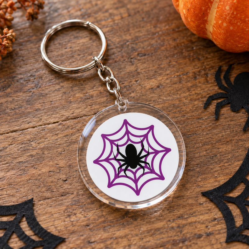 Porte-clés Halloween rond en acrylique araignée noire sur toile violette – EDISAMP