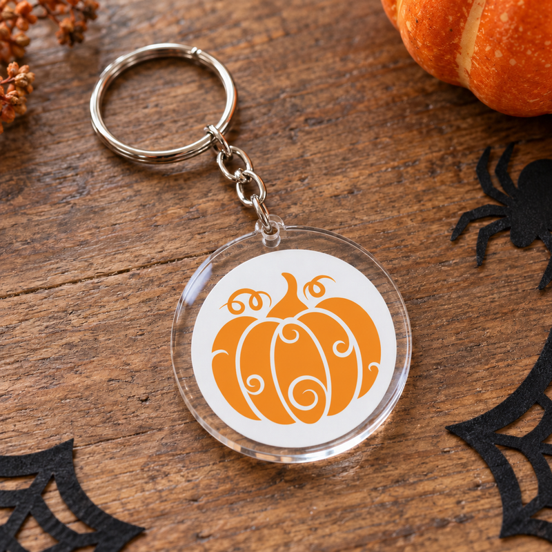 Porte-clés Halloween rond en acrylique citrouille orange à arabesques – EDISAMP