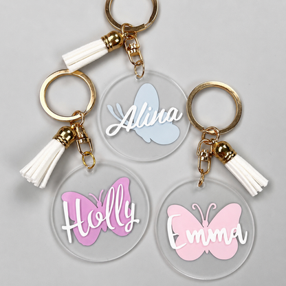 Porte-clés personnalisé prénom papillon en acrylique avec pompon blanc - EDISAMP