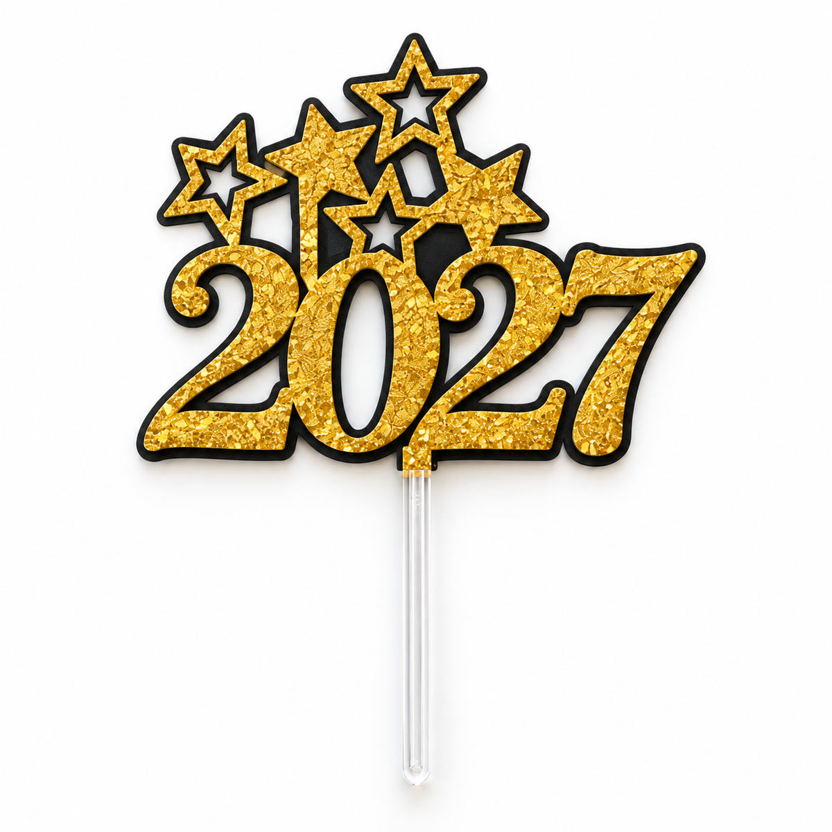 Pic à gâteau Nouvel An 2027 doré avec pluie d'étoiles, décoration de Saint-Sylvestre