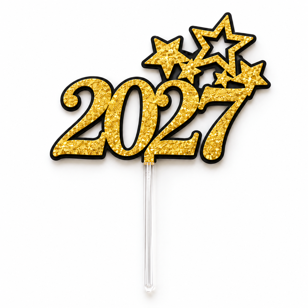 Pic à gâteau 2027 doré surmonté d'étoiles pailletées pour le réveillon