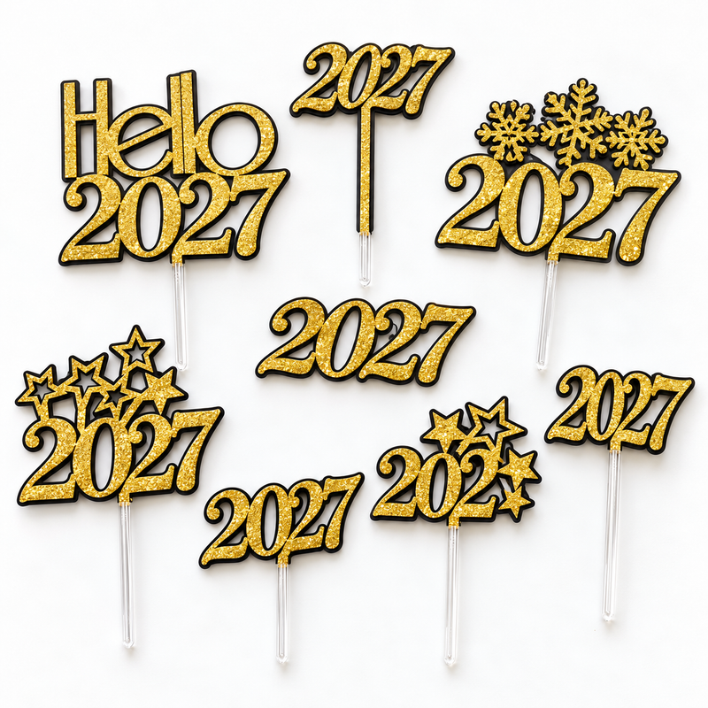 Assortiment de pics à gâteau Nouvel An 2027 dorés : 2027, 2027 avec étoiles et Hello 2027