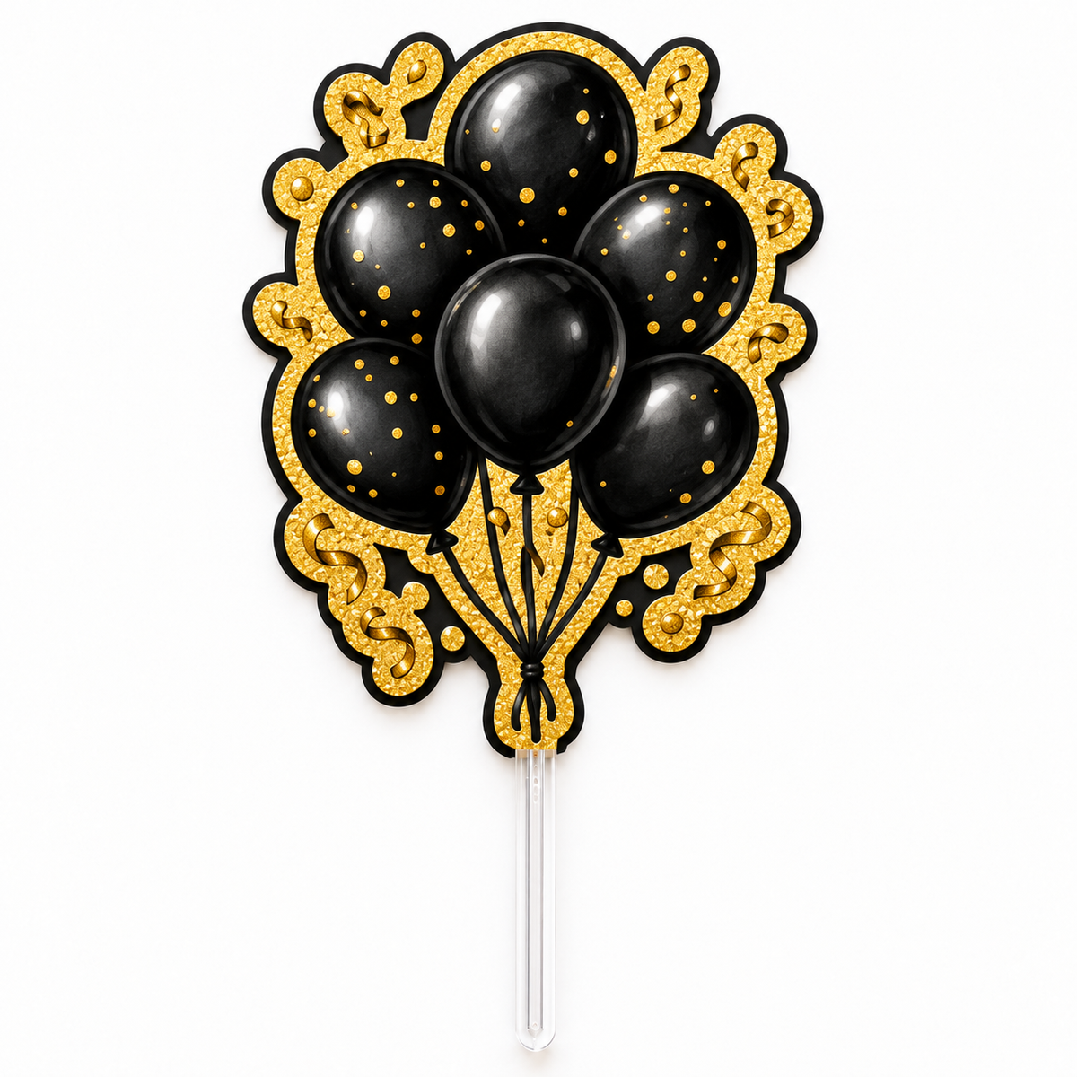 Pic à gâteau bouquet de ballons noirs et dorés, décoration Nouvel An