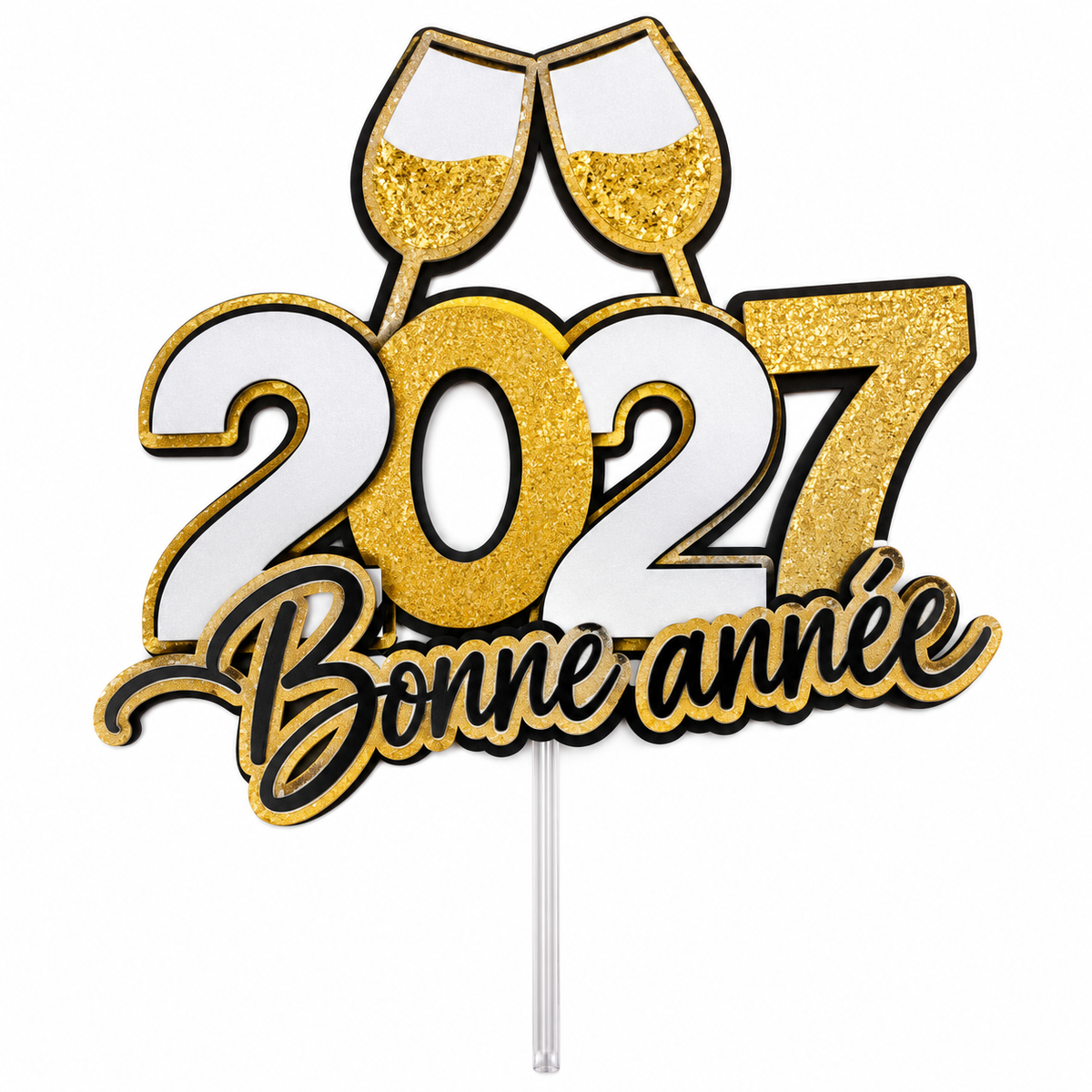 Pic à gâteau 2027 Bonne année avec deux coupes dorées qui trinquent