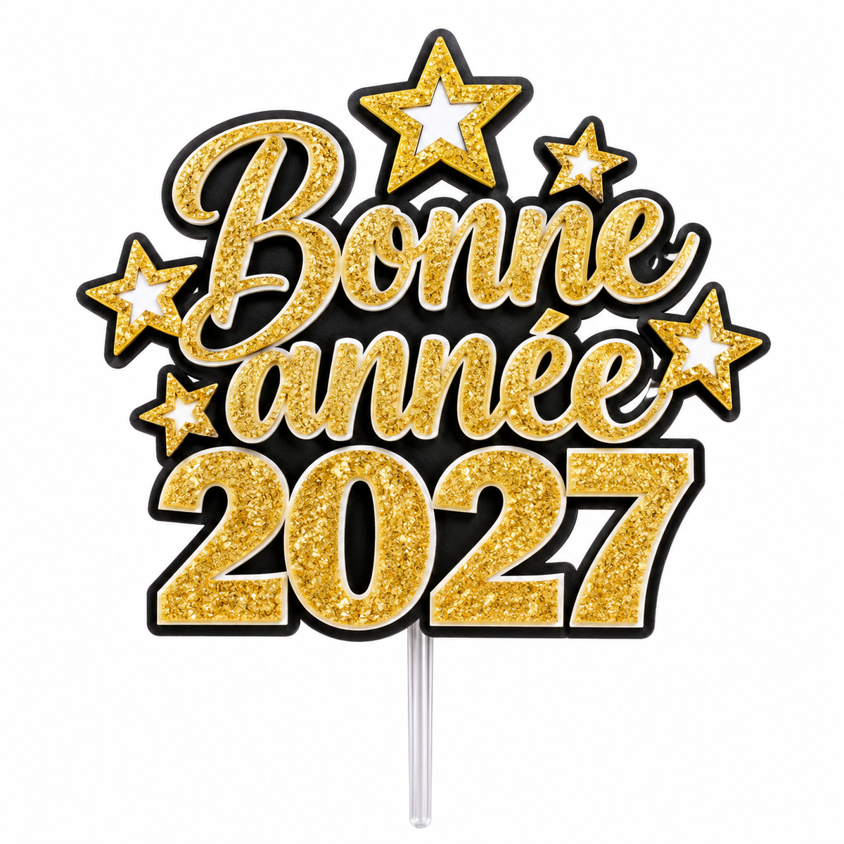 Pic à gâteau Bonne année 2027 doré entouré d'étoiles