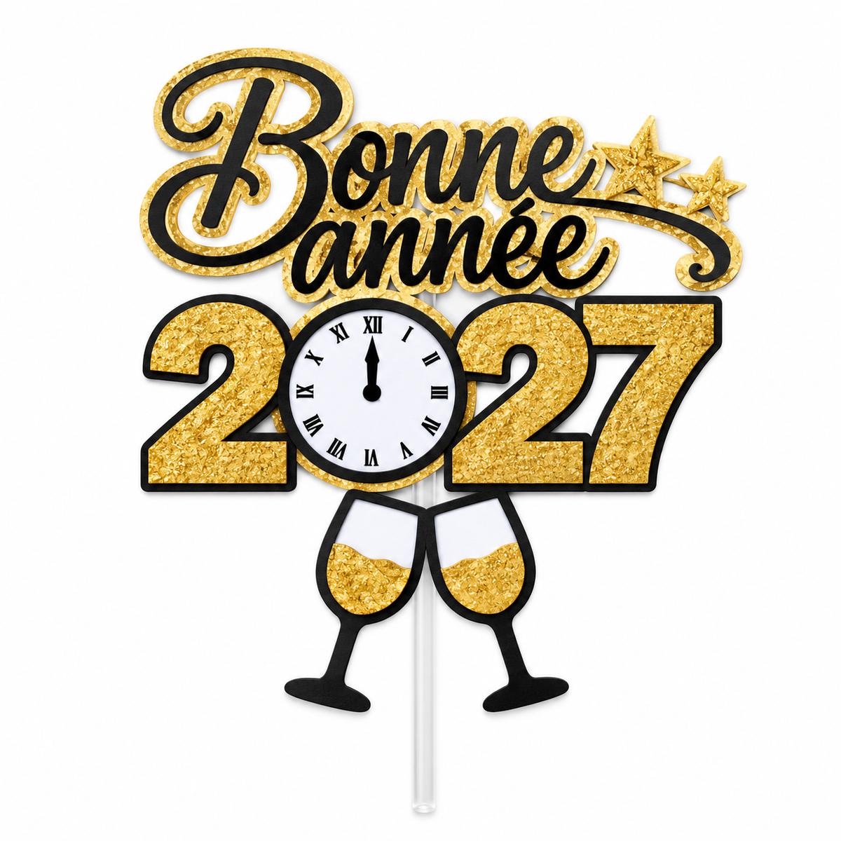Pic à gâteau Bonne année 2027 avec horloge et deux coupes qui trinquent
