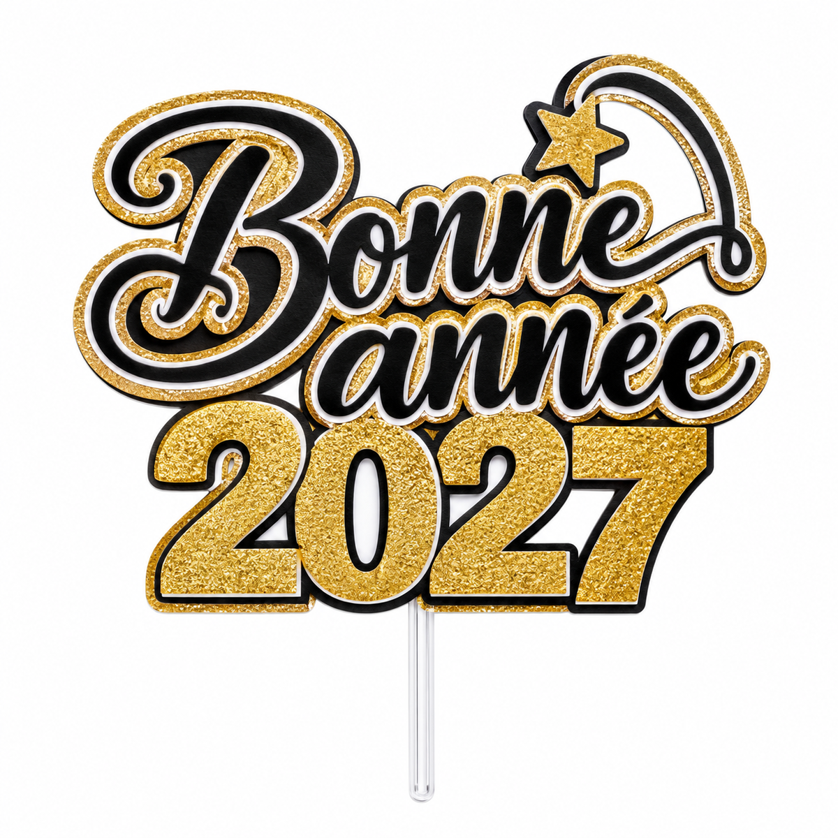 Pic à gâteau Bonne année 2027 en lettrage script doré avec serpentin