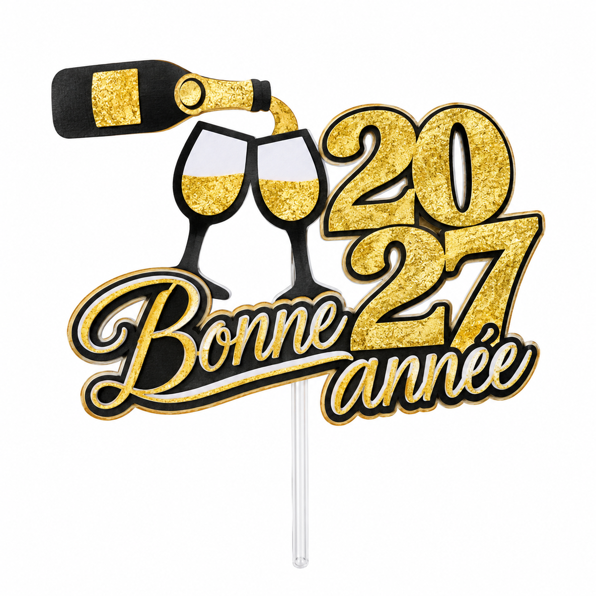 Pic à gâteau 2027 avec bouteille de champagne et deux coupes dorées
