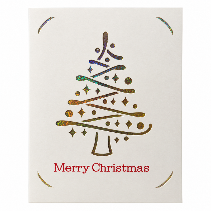 Carte de Noël Merry Christmas minimaliste avec sapin en feuille holographique sur fond ivoire