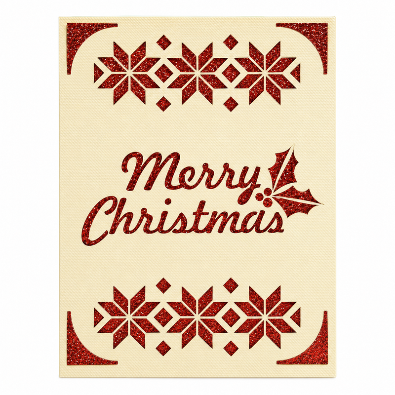 Carte de Noël Merry Christmas avec motif nordique rouge pailleté sur fond crème