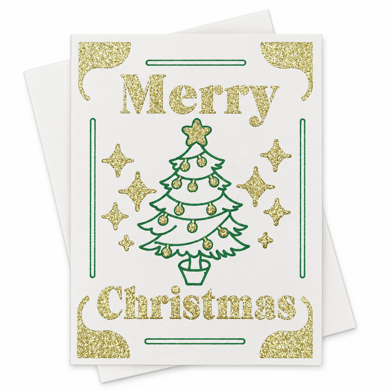 Carte de Noël Merry Christmas avec sapin vert et lettrage doré pailleté