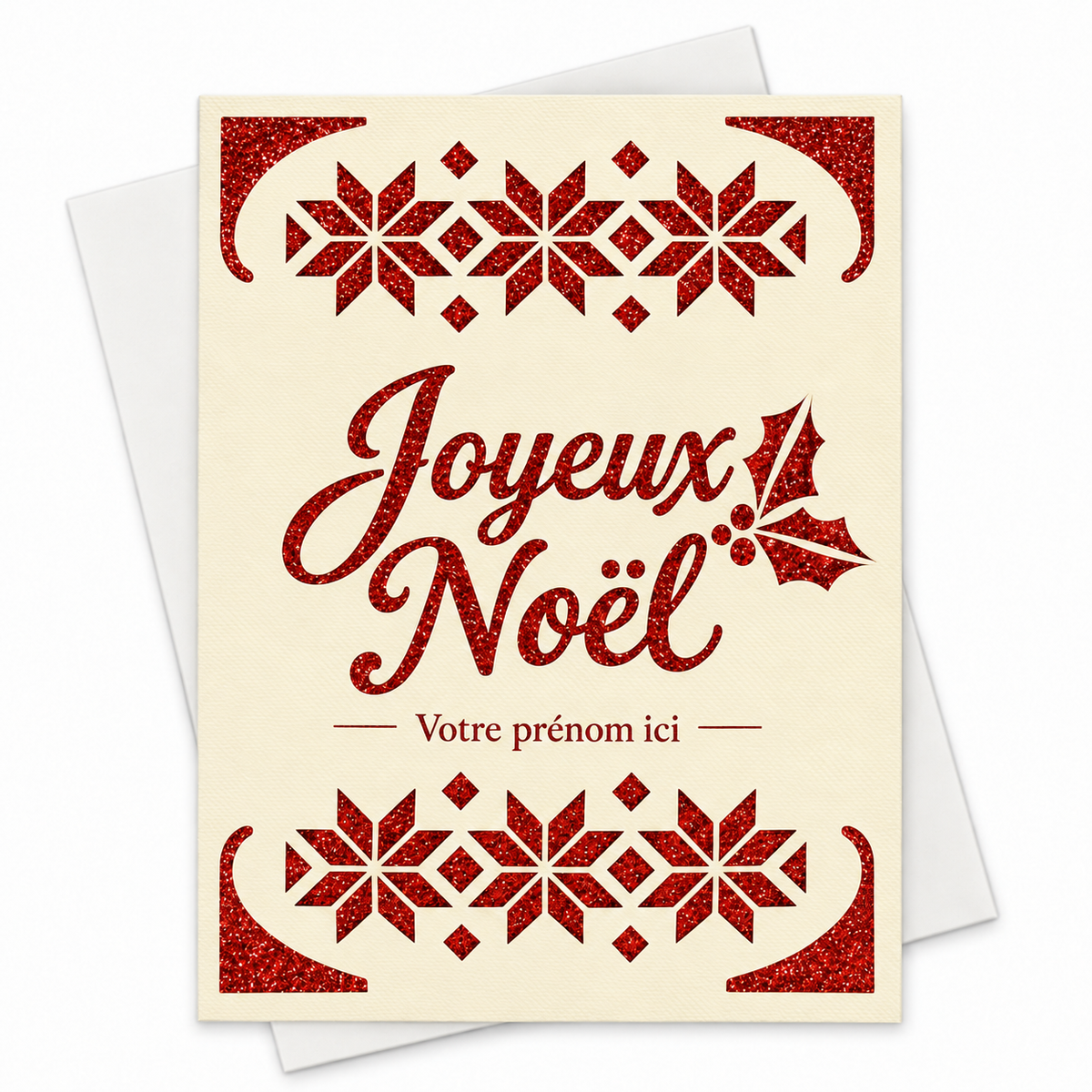 Carte de Noël Joyeux Noël personnalisée avec un prénom, motif nordique rouge pailleté