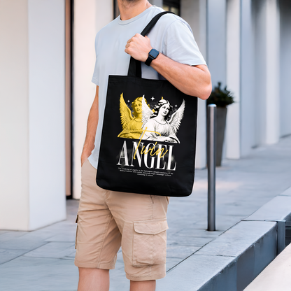 Tote Bag Noir « Twin Angel » – Design Anges Doré et Blanc