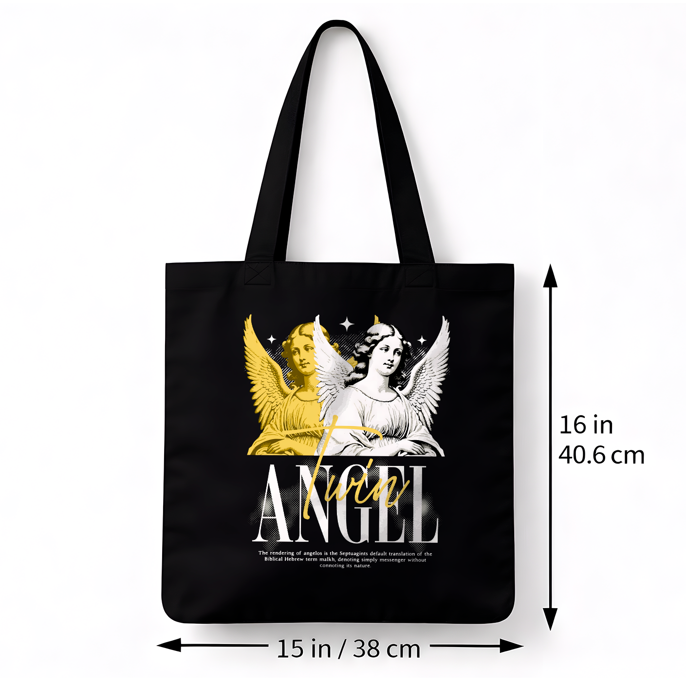Bolsa Tote Bag Negra “Twin Angel” – Diseño Ángeles Dorado y Blanco