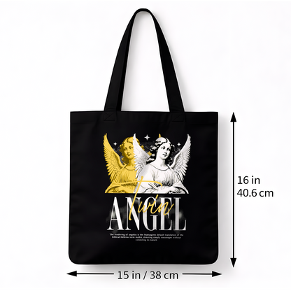 Tote bag noir Twin Angel – anges doré et blanc coton