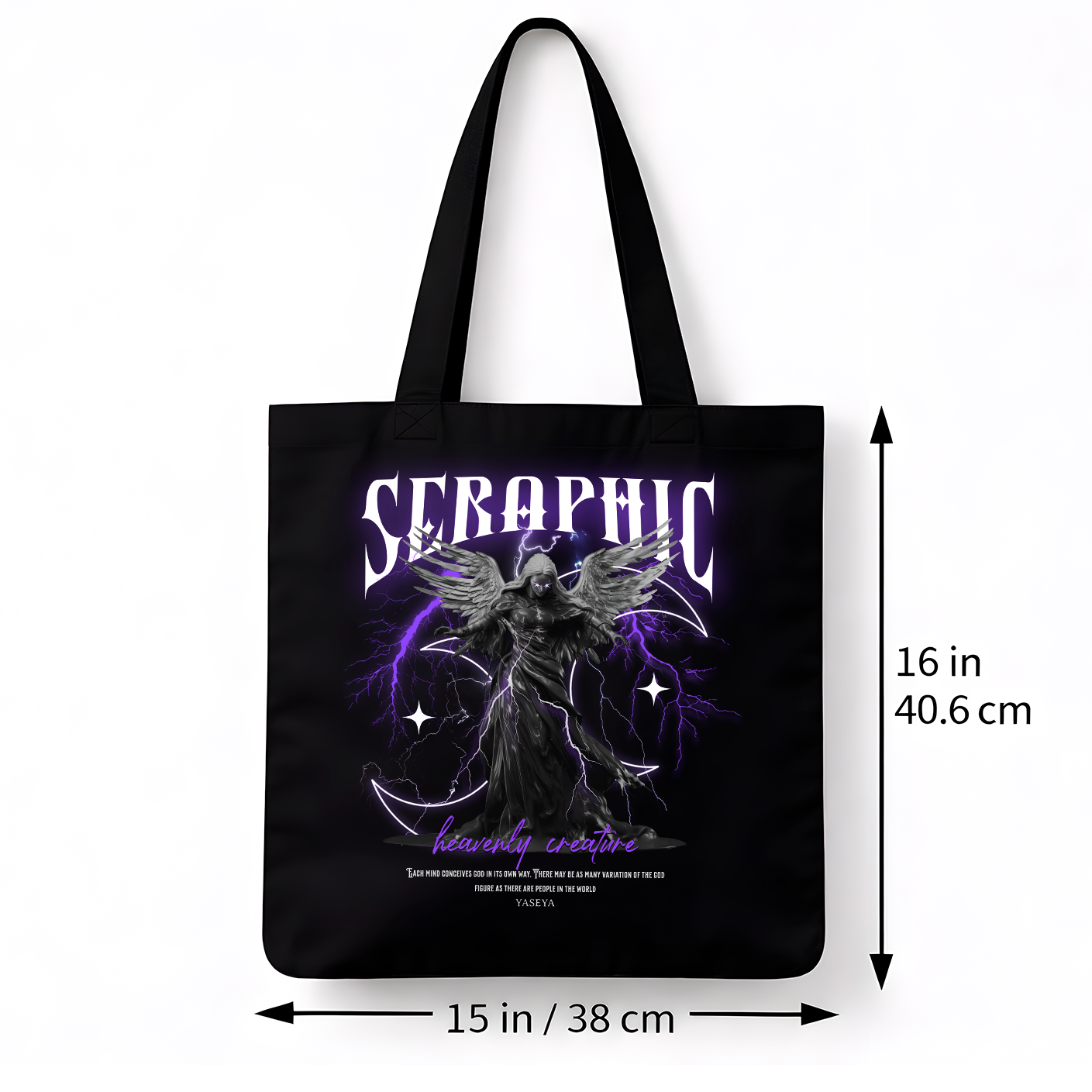 Sac tote noir “Seraphic” – Ange sombre violet