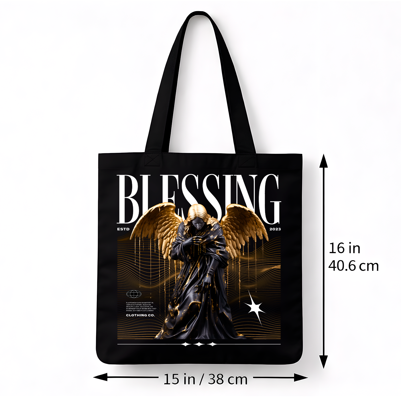Sac Tote Noir « Blessing Angel » – Design Ange Doré