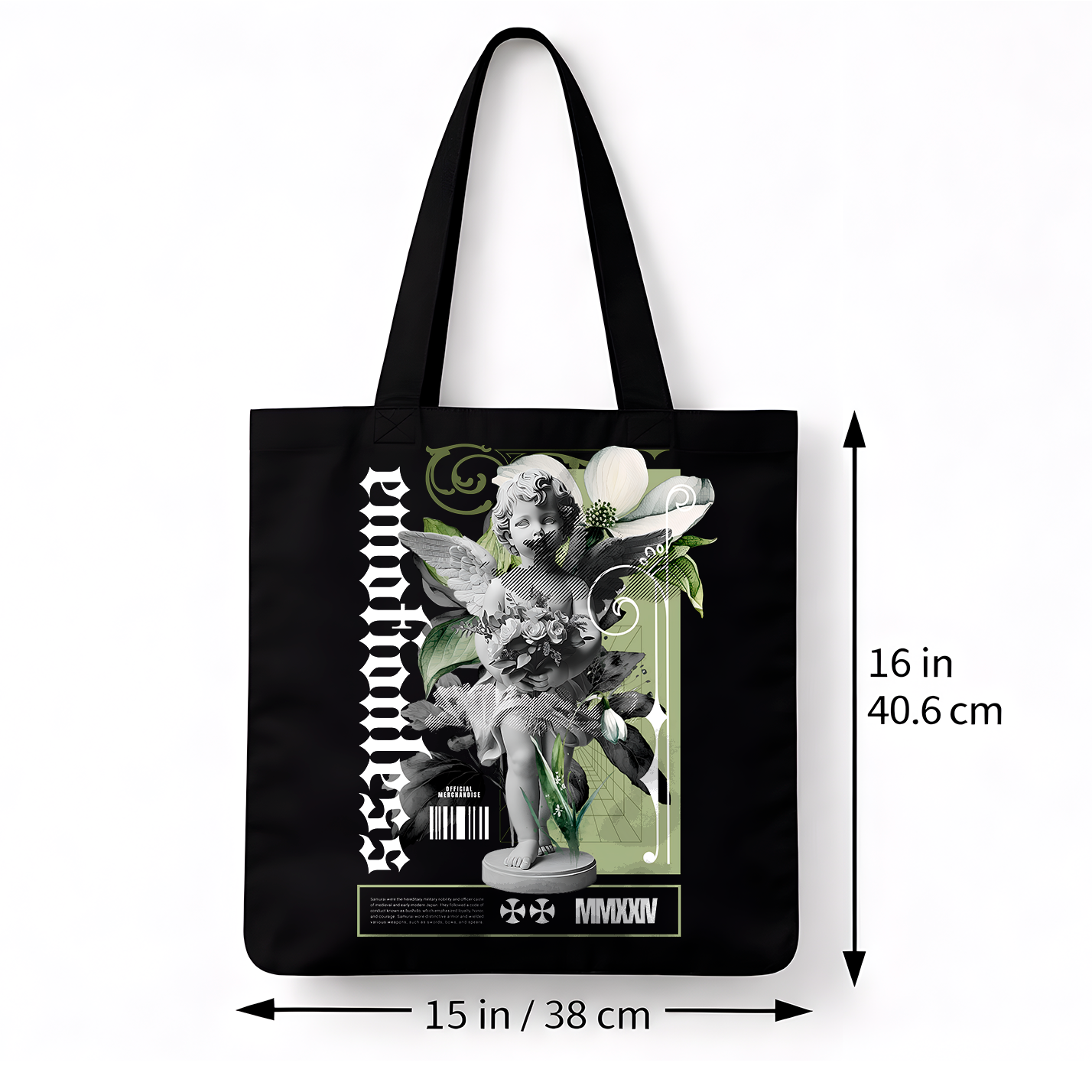 Sac tote bag noir artistique Ange floral