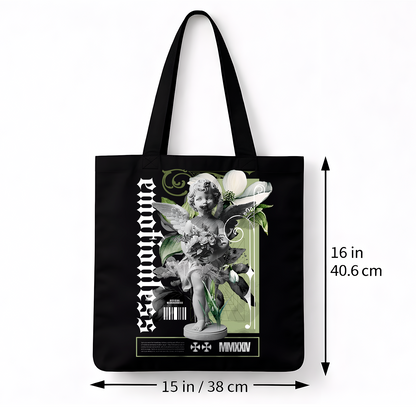 Tote bag noir ange floral – coton artistique DTF