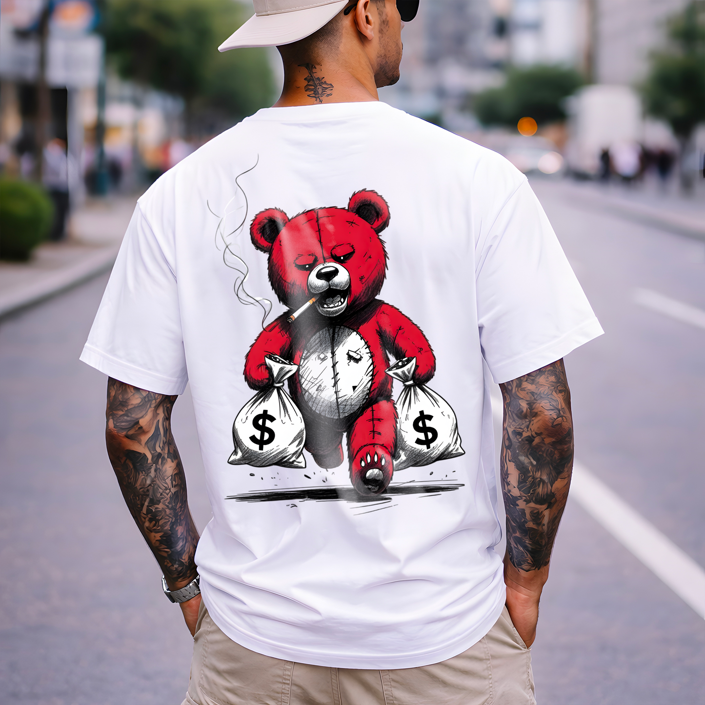 T-Shirt Oversize Ours Rouge & Argent – Design Streetwear Money Bear Premium