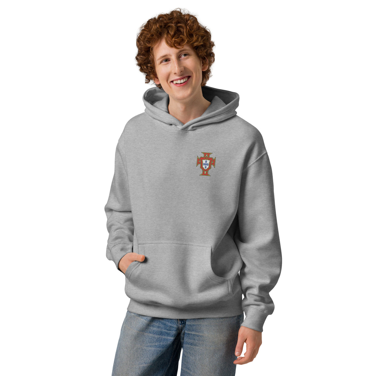 Sweat à capuche oversize Portugal gris carbone face - écusson