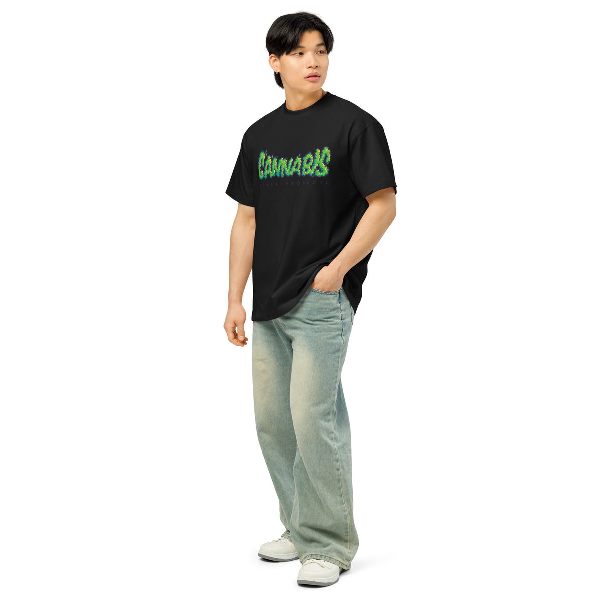 T-shirt boxy homme Noir profil gauche - imprimé texte CANNABIS graffiti sur le devant
