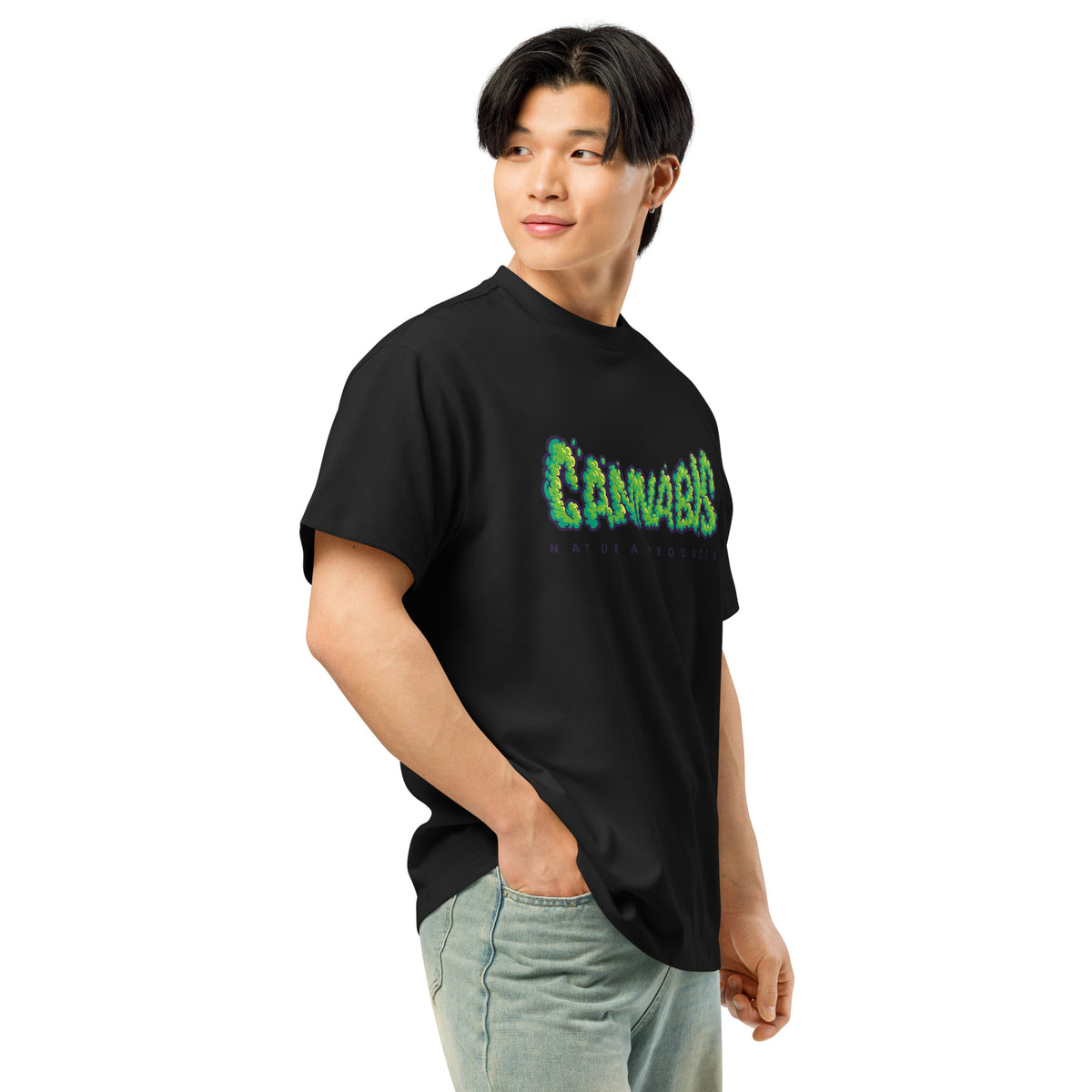 T-shirt boxy homme Noir profil droit - imprimé texte CANNABIS graffiti sur le devant