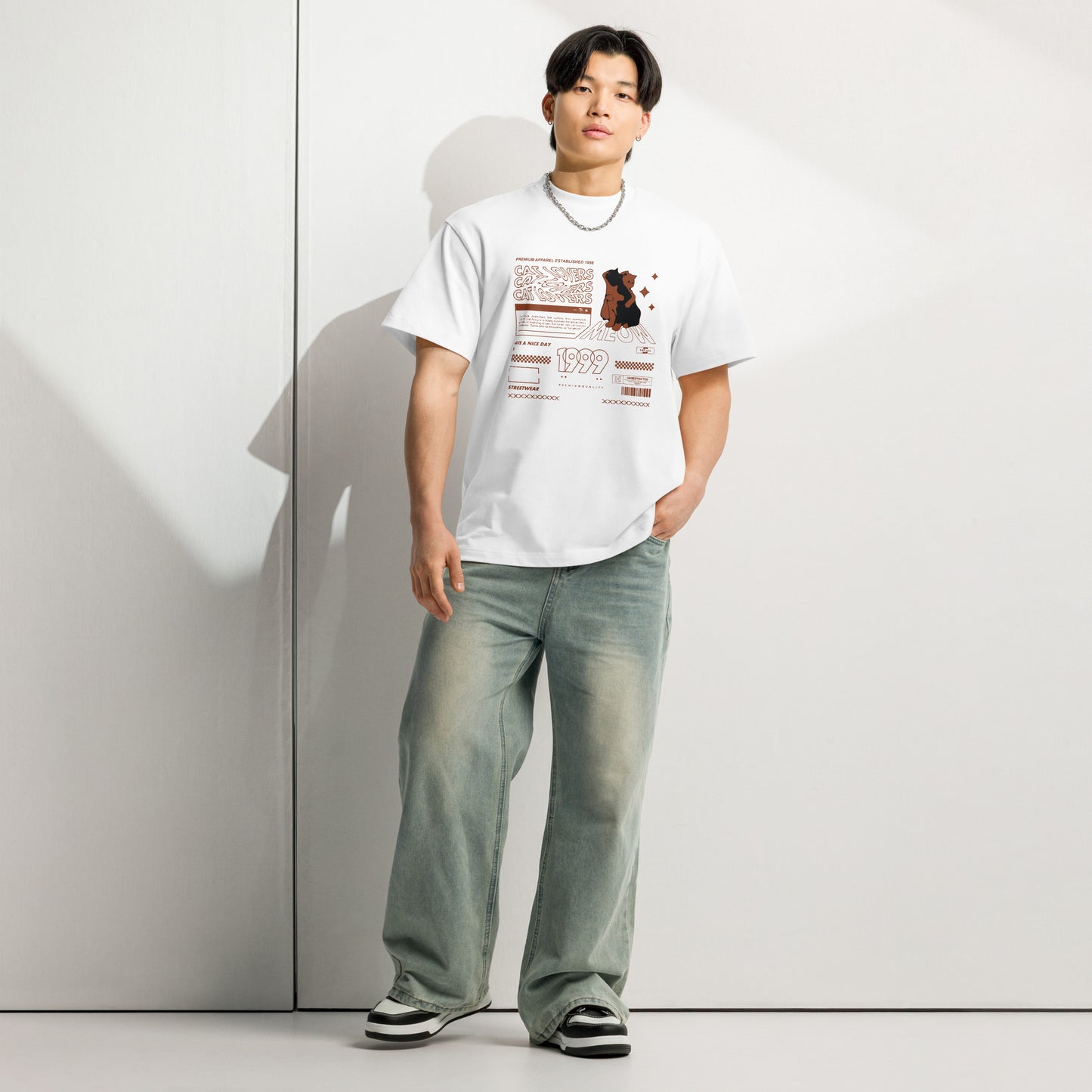 T-shirt boxy Cat Lovers 1999 blanc face - détail chat Meow 1999