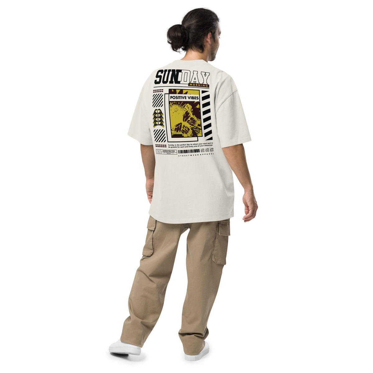 T-shirt oversize Sunday Morning Ivoire Délavé dos - grand imprimé Sunday Morning Positive Vibes